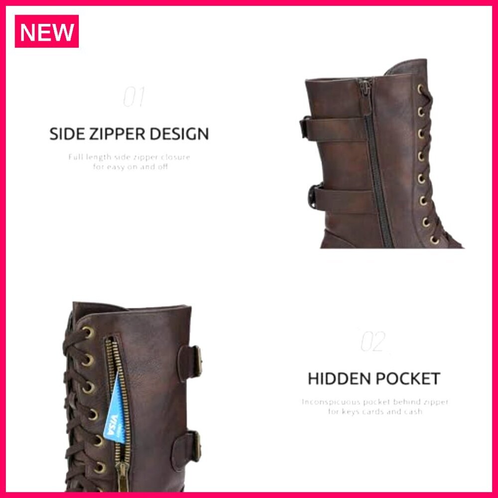 Women's Mid Calf Combat Boots with Wallet Pocket and Side Zipper - Picture 7 of 8